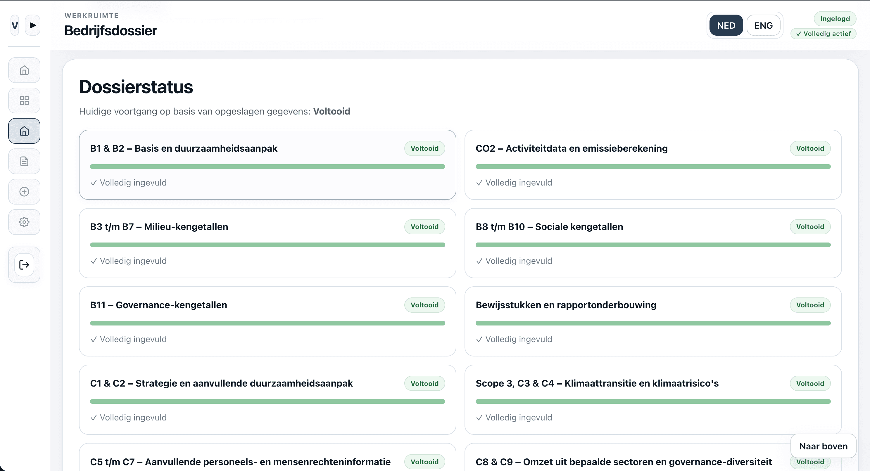 VSME ready bedrijfsdossier met sectiestatus en voortgangsbalken